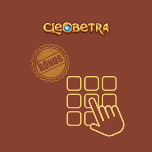 Ein brauner Hintergrund mit dem „Cleobetra“-Logo oben. Darunter befindet sich links ein kreisförmiges Abzeichen mit dem Wort „BONUS“ und rechts drückt eine gezeichnete Hand auf einen Knopf in einem 3x3-Quadratraster.