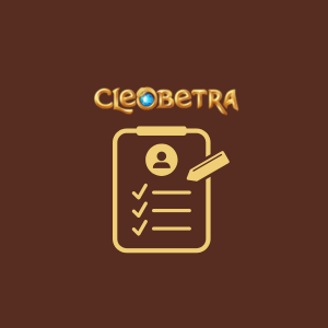 Ein brauner Hintergrund mit dem Cleobetra-Logo oben. Darunter sind ein Klemmbrett-Symbol mit einem Profilschattenriss, drei Häkchen und drei Linien sowie ein Bleistift-Symbol abgebildet.