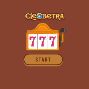 Ein brauner Hintergrund mit dem „Cleobetra“-Logo oben. Darunter zeigt ein Spielautomat drei „7er“ und darunter befindet sich ein ovaler Knopf mit der Aufschrift „START“.