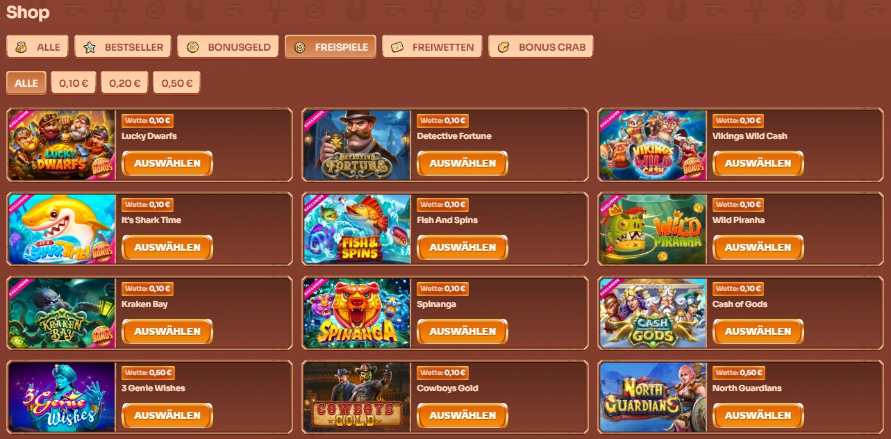 Cleopatra Bonusshop mit einer Auswahl an Freispielen, die Spieler aktivieren können