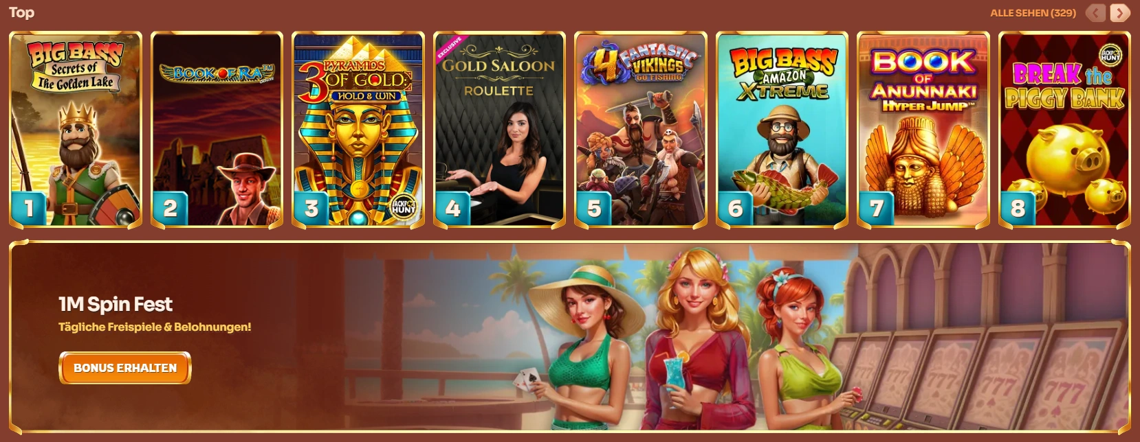 Die Top-Spielautomaten von Cleobetra Casino und das Banner für das Spin Fest Event mit täglich präsentierten Freispielen