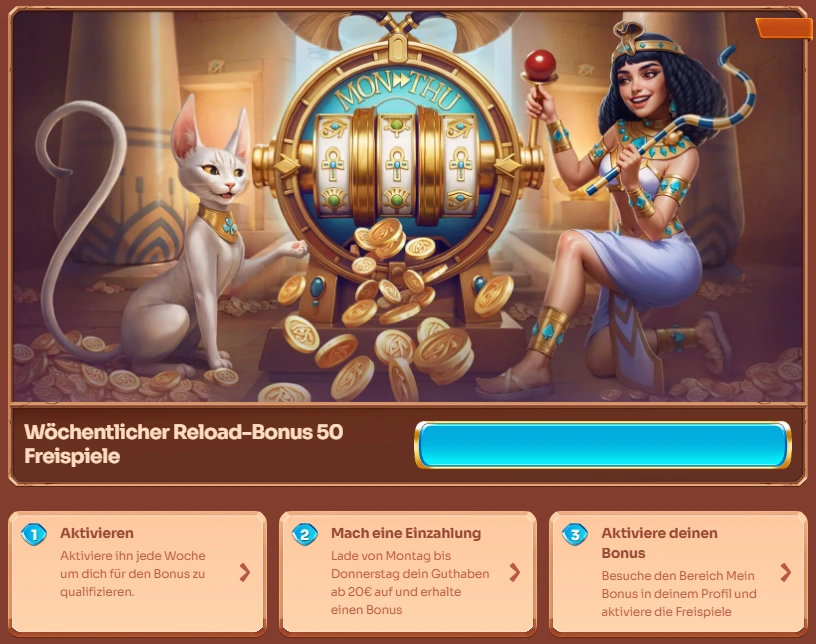 Banner für die wöchentliche Reload Freispiele Aktion, der zeigt, wie das Angebot eingelöst wird.