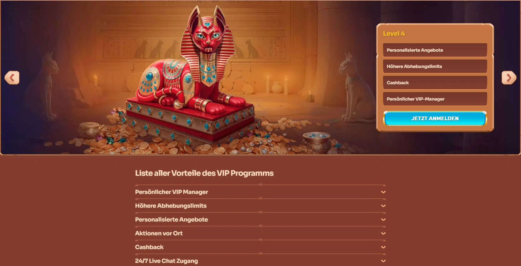  Die Cleobetra Casino VIP-Programm-Seite mit den wichtigsten Vorteilen und Extras für Stufe 4.