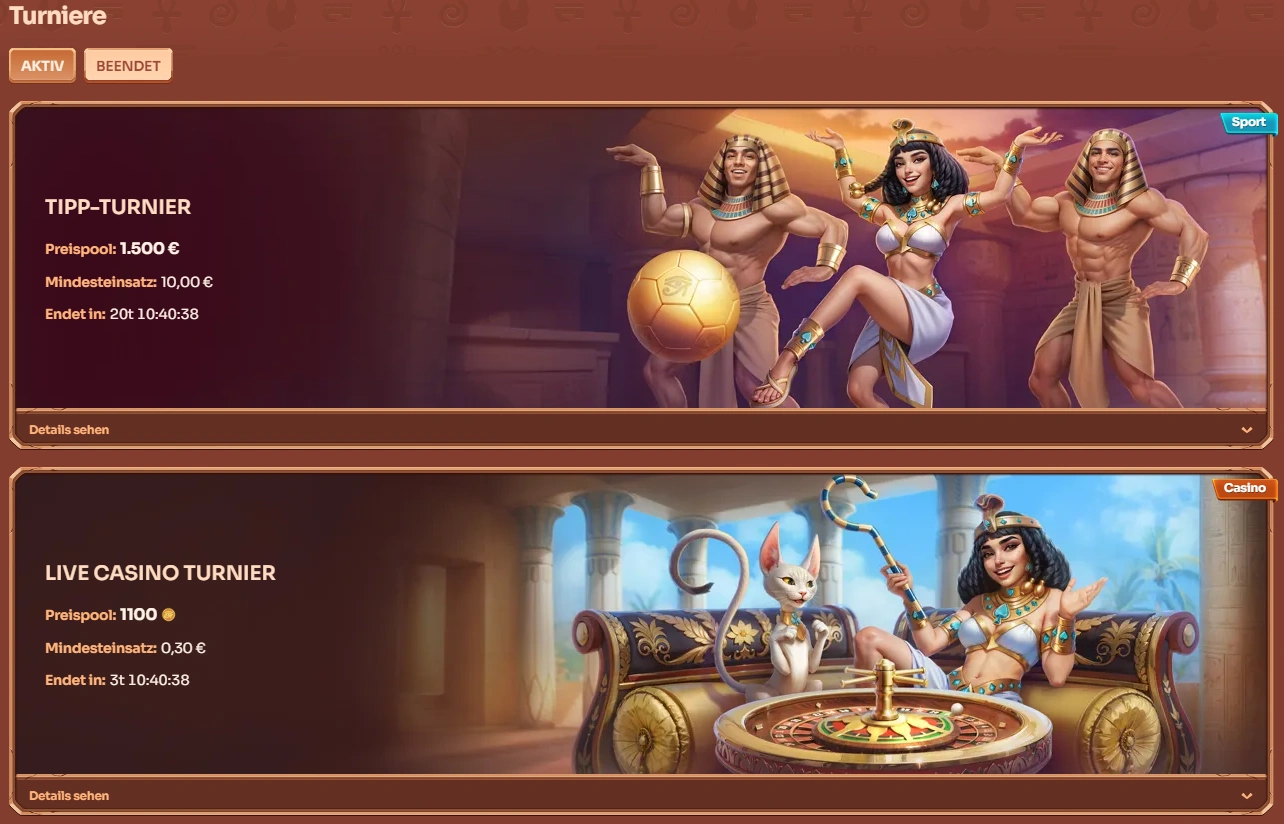 Cleobetra Turnierseite mit einem Live Casino und einem Sportwetten-Turnier