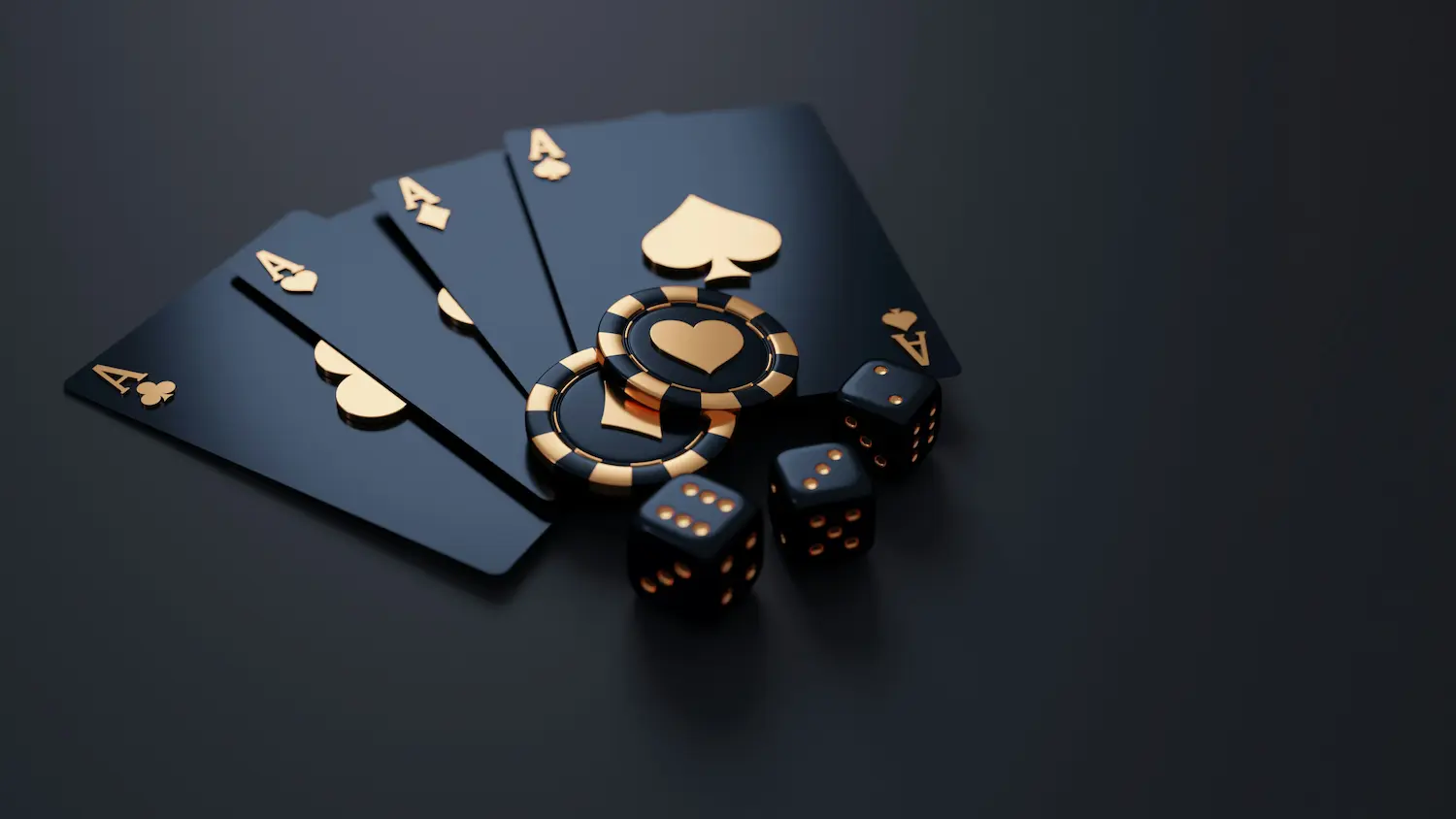 A hand of playing cards with poker chips and dice